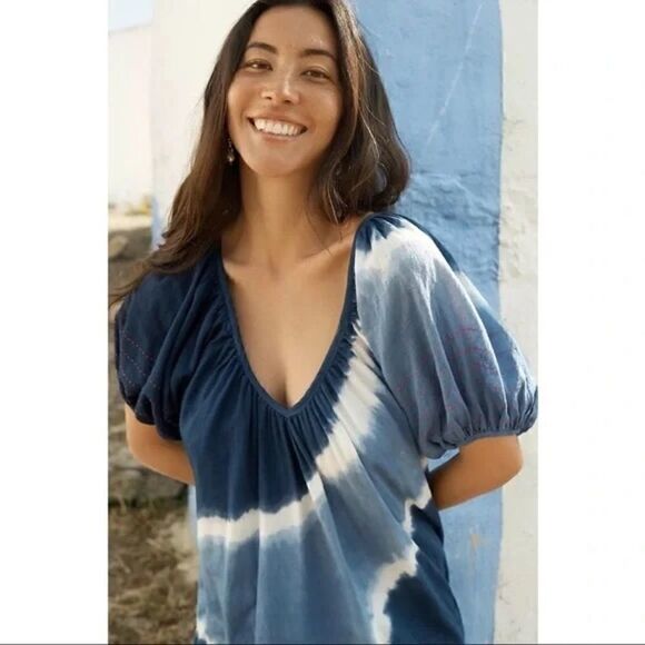 NEW Anthropologie Sundry Blue Embroidered Puff Sleeve Tie-Dye Midi Dress X-Small - Picture 4 of 11